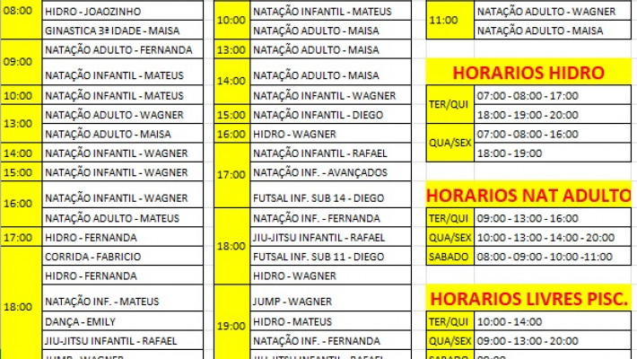 QUADRO DE HORÁRIOS ATUALIZADOS DAS ATIVIDADES DO CLUBE