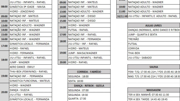 NOVO QUADRO DE HORÁRIO DAS AULAS COLETIVAS